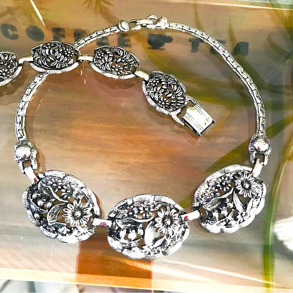 Vintage Selro Selini Silvertone Floral Necklace and Bracelet Demi Parure MCM 50s